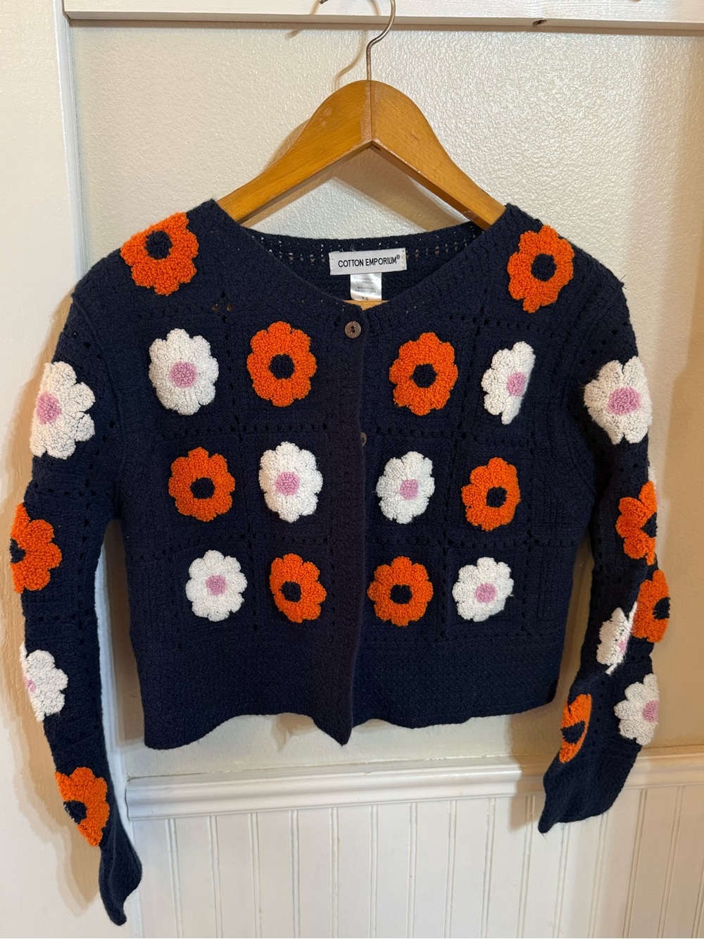 Cotton Emporium Navy Cardigan with Orange and White Crochet Flowers